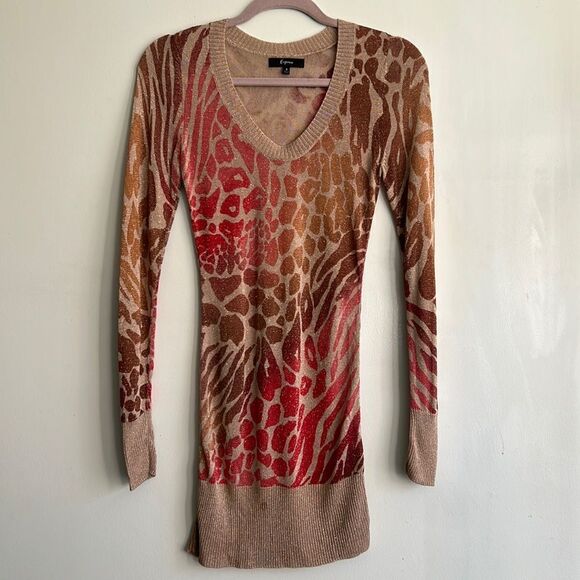 Express Y2K Sunset Sparkling Mixed Animal Print Sweater Dress Size Small - Picture 1 of 15